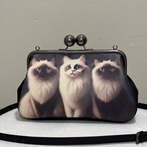 Unique Cats Print Pebble Cowhide Handmade Large Ball Kisslock Handbag, Multi Use